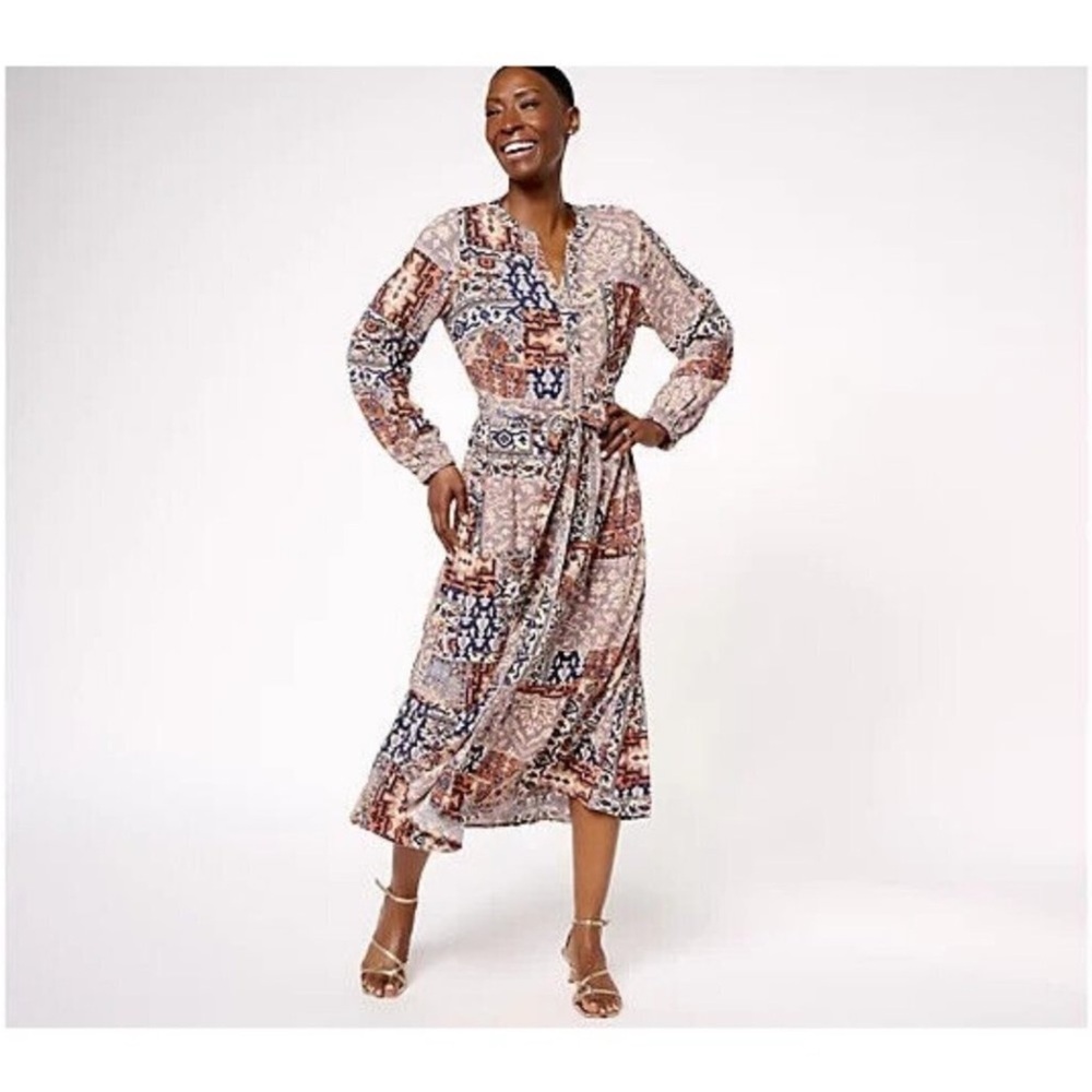 Denim & Co. Canyon Retreat Printed Tiered Midi Dress Indigo Patchwk ,M, EUC